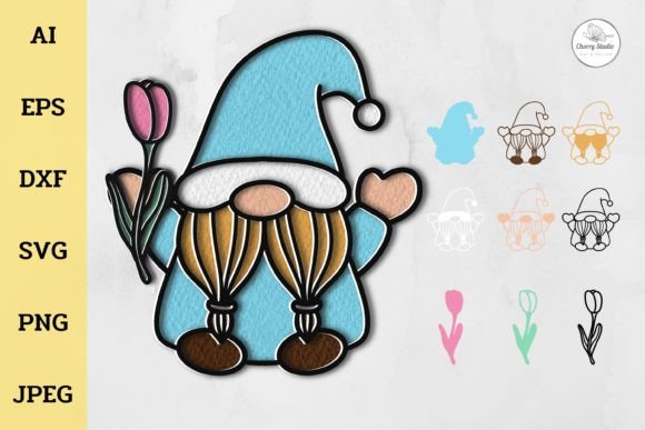 3D SVG Gnome and Tulip: A Layered Craft Design for Makers and Etsy Sellers