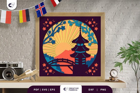 Mount Fuji with Pagoda 3D SVG Shadow Box for Local Business Branding